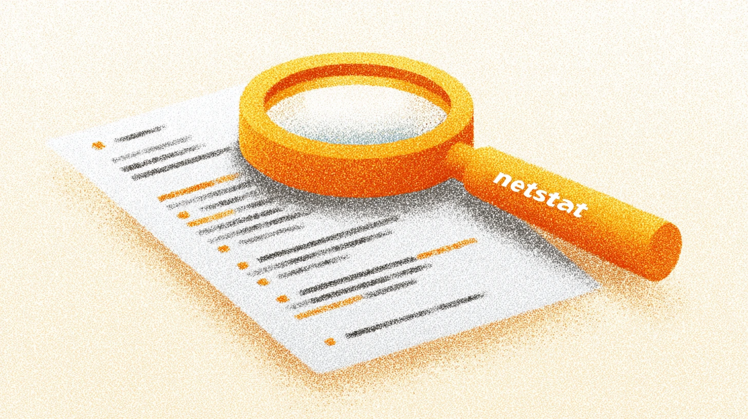 A magnifying glass labeled "netstat" inspecting network connections, symbolizing the command's role in network analysis.