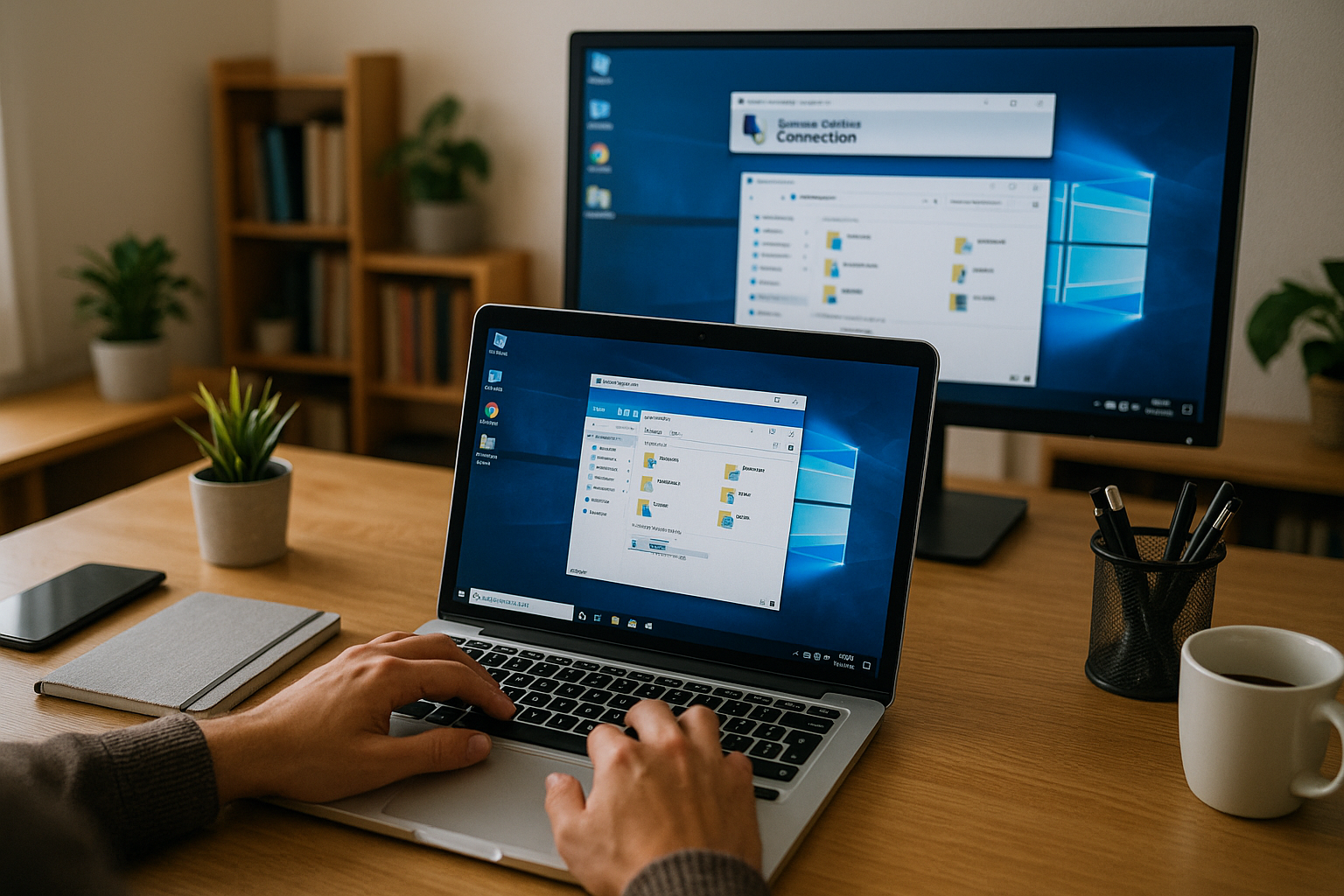 Person working from home office controlling their remote office computer via laptop, with remote desktop interface visible on screen.