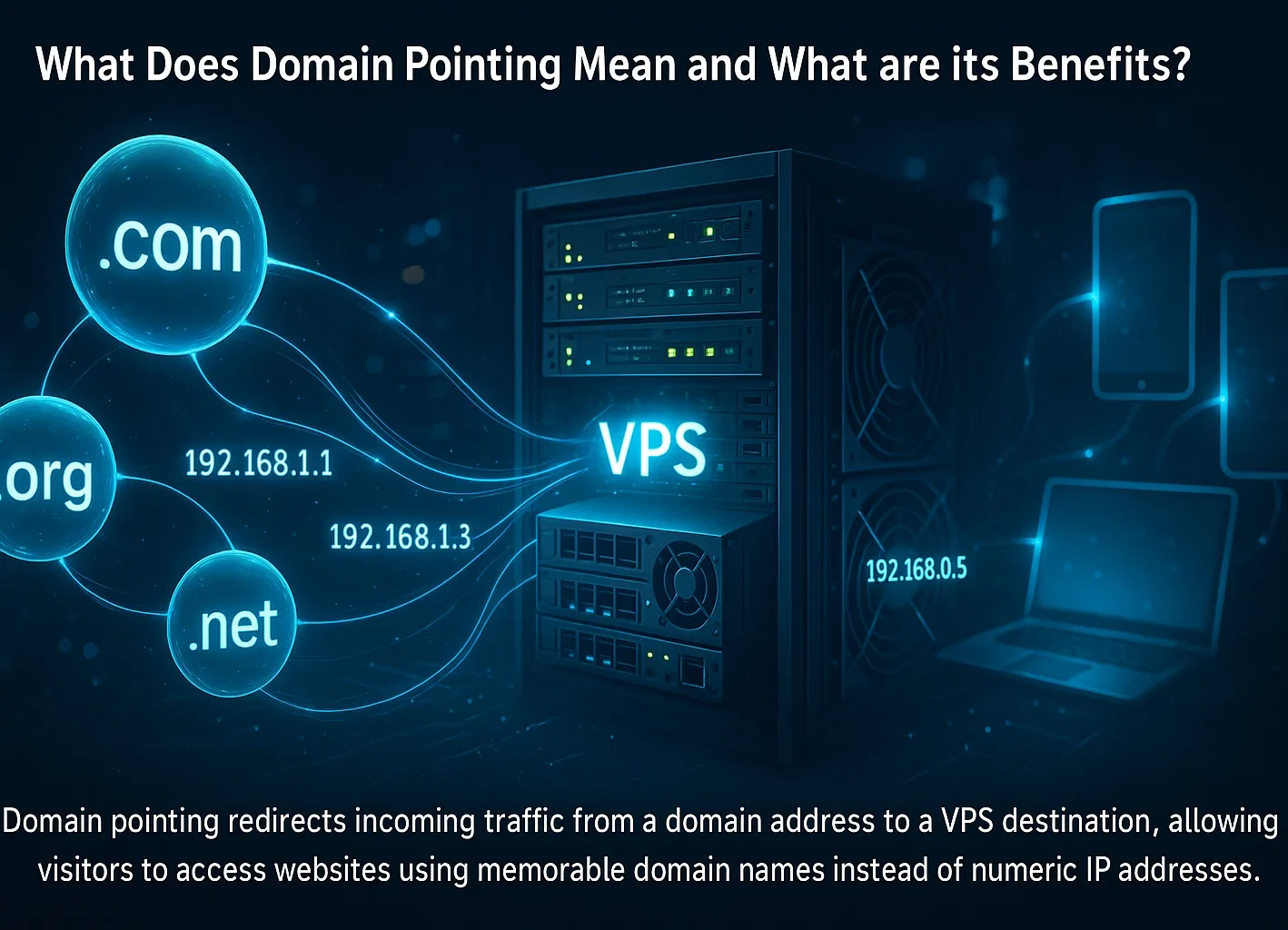 1 e1766047104361 Glowing domain extensions (.com, .org, .net) connected by blue light trails to a central VPS server rack with IP addresses, illustrating domain-to-server connection flow.