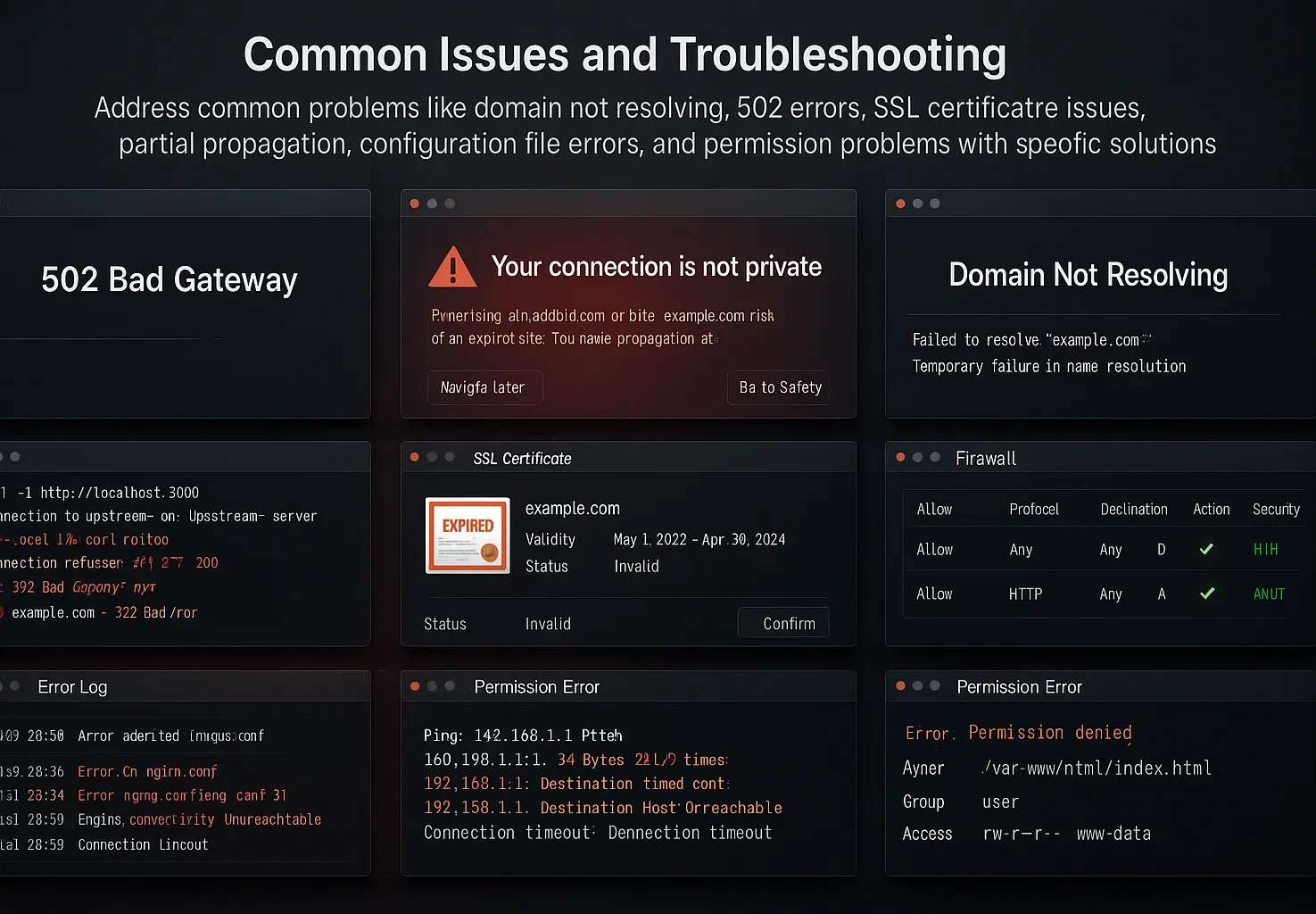 10 1 e1766046555937 Technical troubleshooting dashboard showing server errors, including 502 Bad Gateway, SSL certificate issues, domain resolution failures, and permission errors.