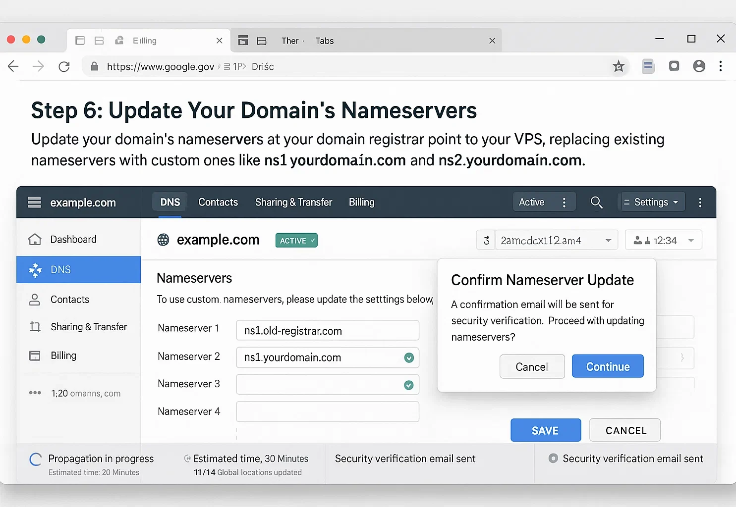 11 e1766046729423 Domain registrar interface showing nameserver update process with ns1.yourdomain.com replacing old registrar nameservers, confirmation dialog for security verification, and propagation status showing 30-minute estimated time.