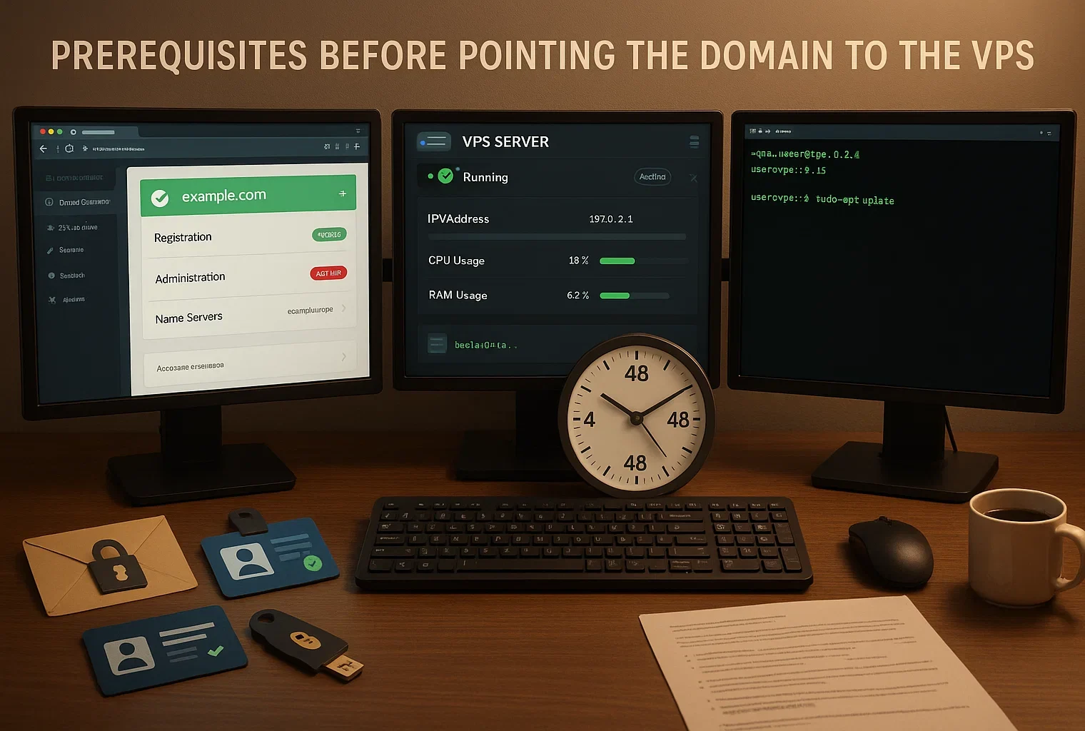 2 2 e1766047068192 Three monitors displaying a domain registrar panel, a VPS server status dashboard, and an SSH terminal, with security cards, a clock showing 48 hours, and coffee on a wooden desk.
