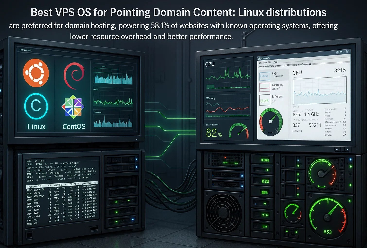 3 1 1 e1766047022828 Side-by-side comparison showing Linux server with Ubuntu and CentOS logos displaying efficient 82% performance versus Windows server showing higher 82.1% CPU usage and resource consumption.