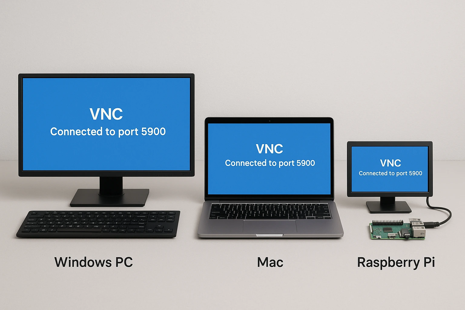 Four devices (Windows PC, Mac, Linux, and Raspberry Pi) displaying identical screens connected via port 5900, demonstrating VNC's cross-platform compatibility.