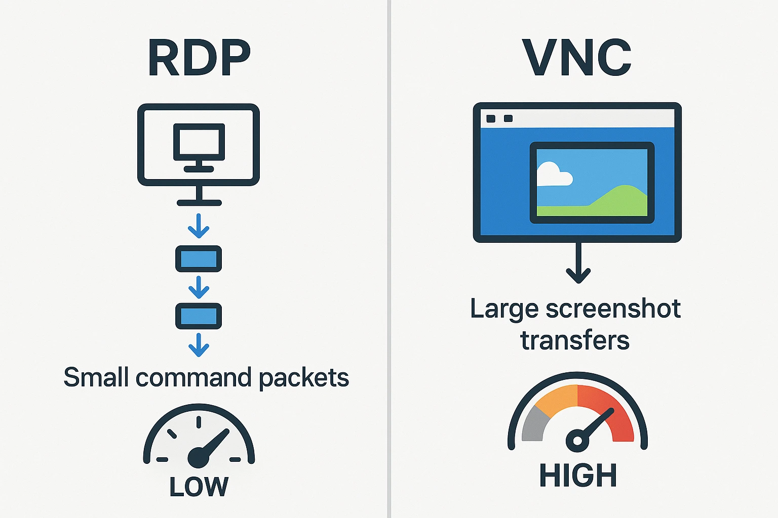 Side-by-side comparison of RDP's small command packets versus VNC's large screenshot transfers, with speed indicators showing bandwidth differences.