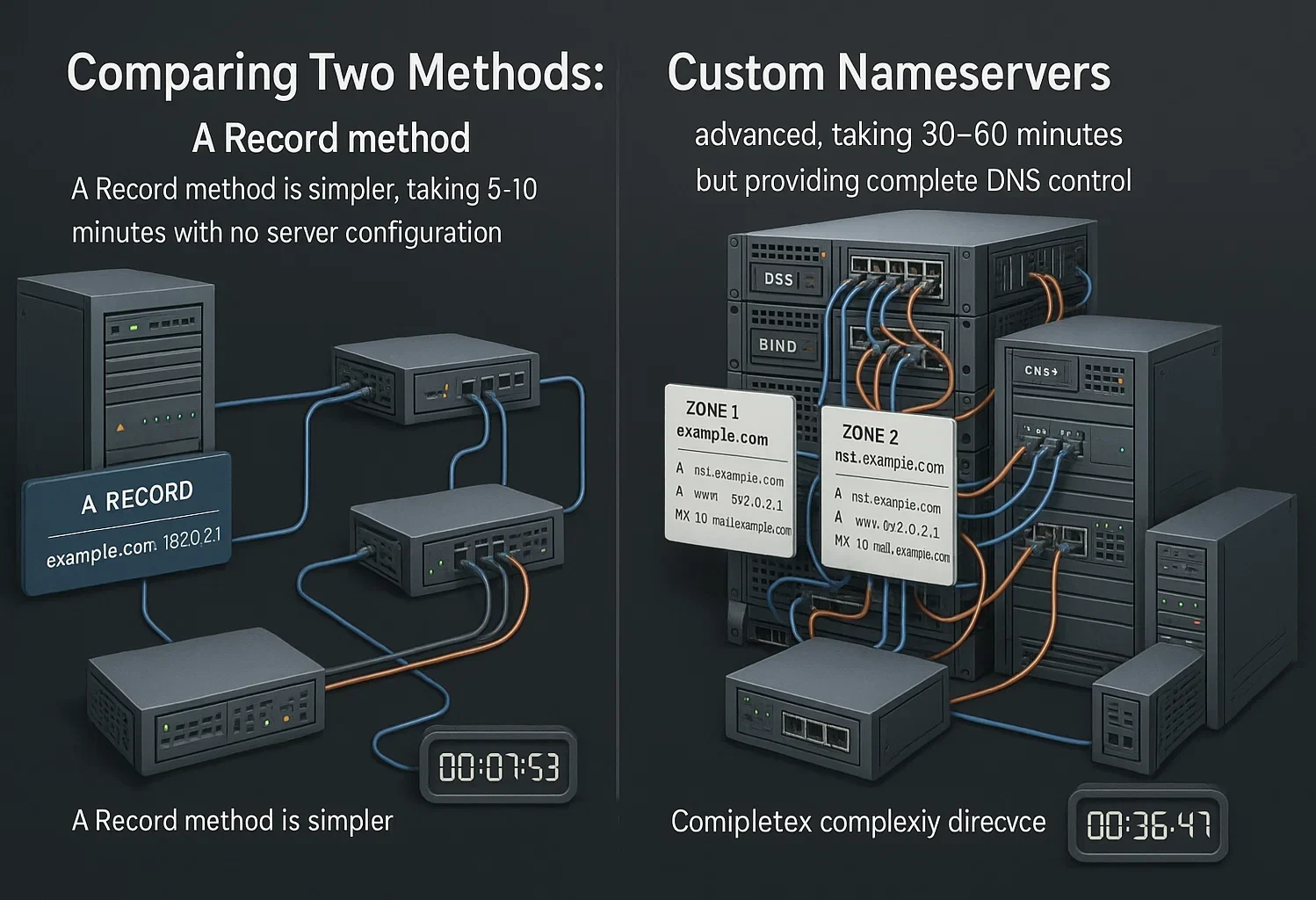 Split comparison showing simple A Record method with basic server setup and timer at 7:53 versus complex Custom Nameservers method with multiple DNS servers, zone files, and timer at 36:47.