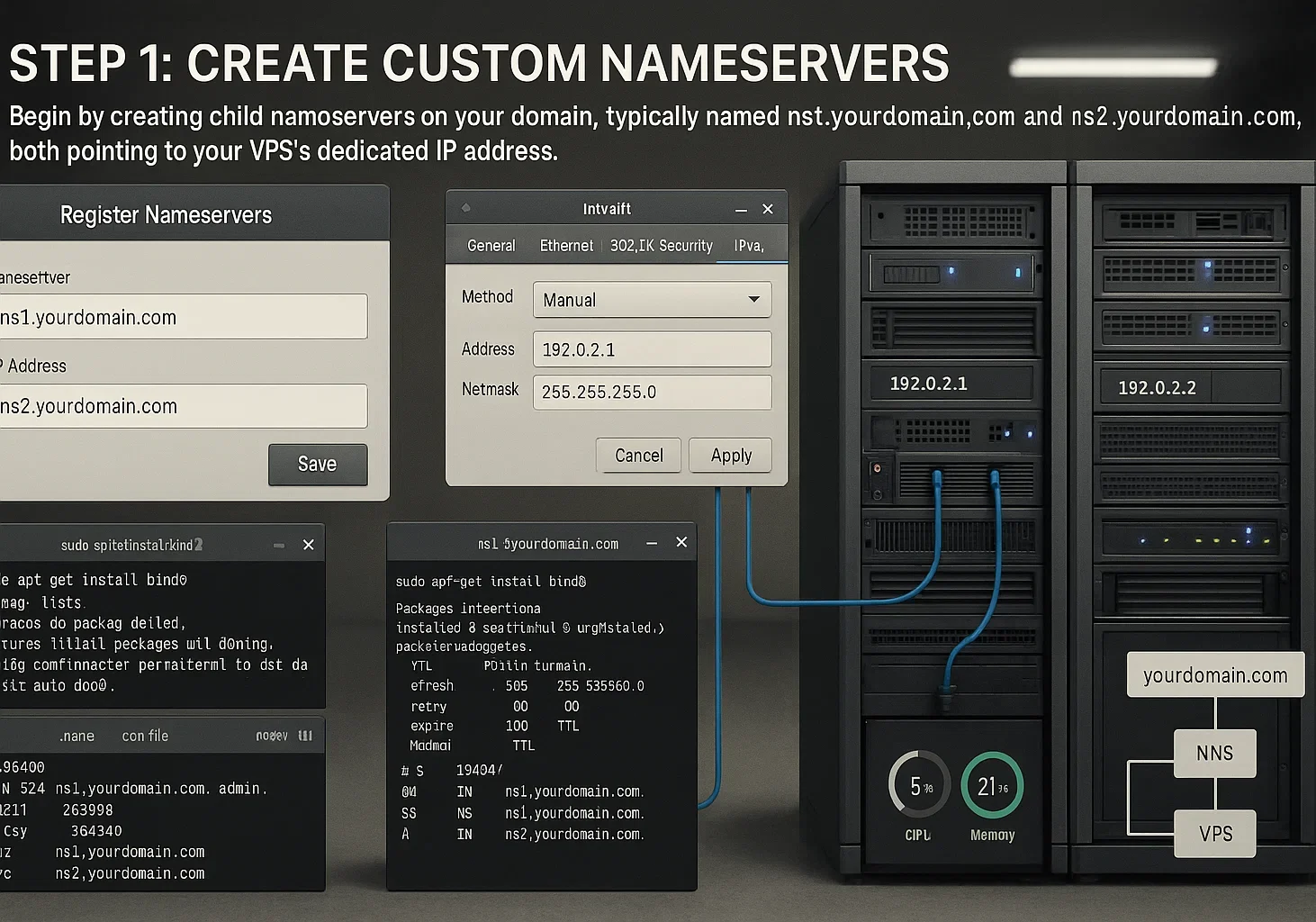 5 1 1 e1766046929219 Nameserver registration interface showing ns1.yourdomain.com and ns2.yourdomain.com setup with IP configuration dialog, BIND9 installation terminals, and two server racks connected by blue cables.
