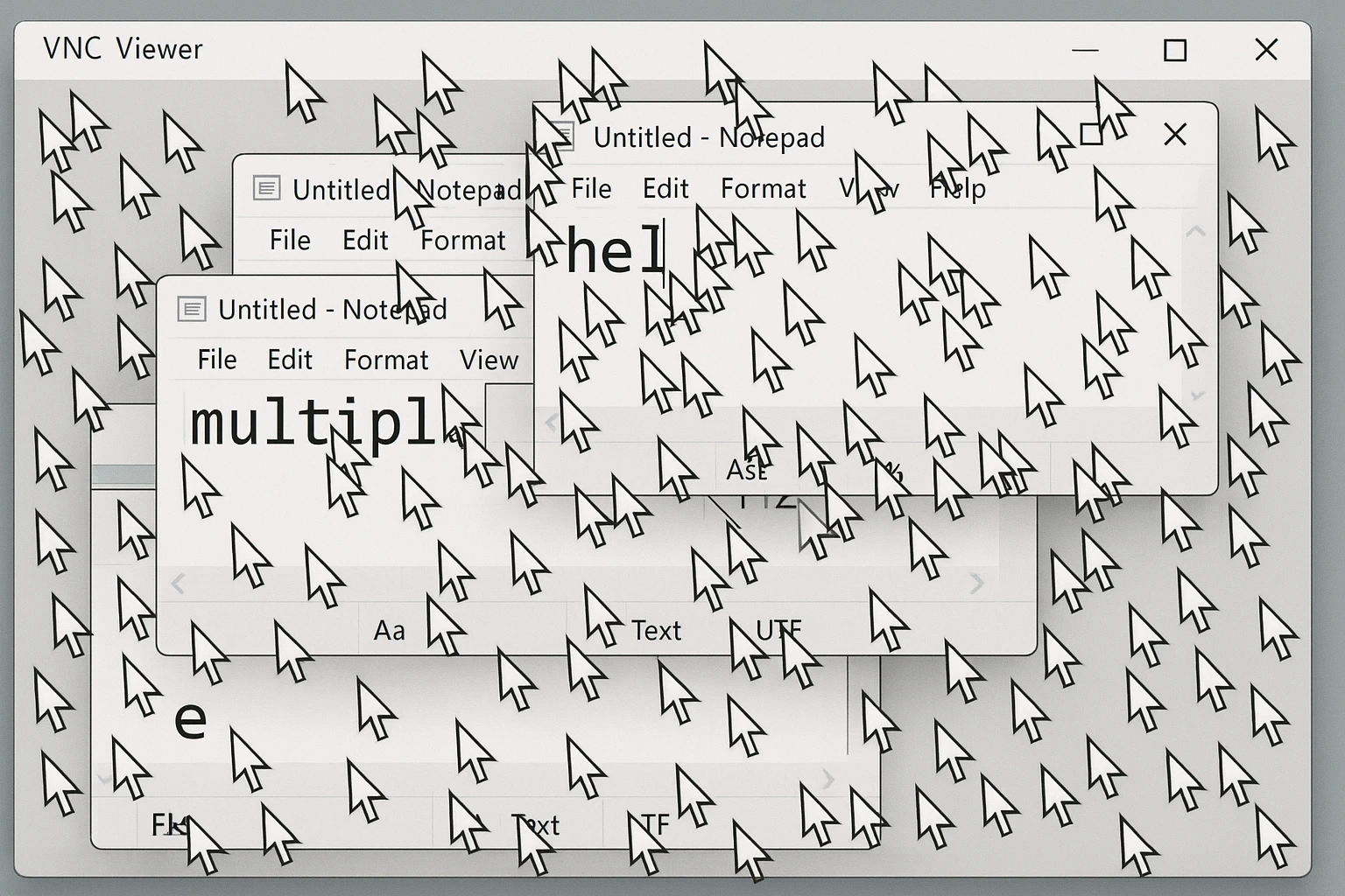 Multiple cursor arrows clash across one screen with overlapping windows and simultaneous typing, showing the chaos of ten users sharing a single VNC session.