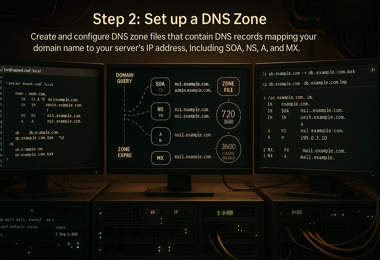 6 1 e1766046859112 Three monitors displaying DNS zone configuration with a terminal showing zone file editing, a central screen showing DNS record types (SOA, NS, A, MX) with TTL values, and a right terminal showing zone file syntax.