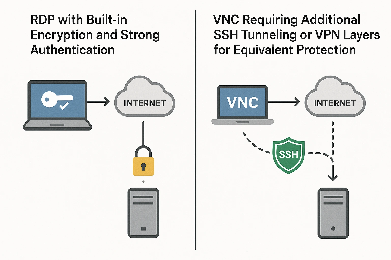 Security comparison showing RDP with built-in encryption and strong authentication versus VNC requiring additional SSH tunneling or VPN layers for equivalent protection.