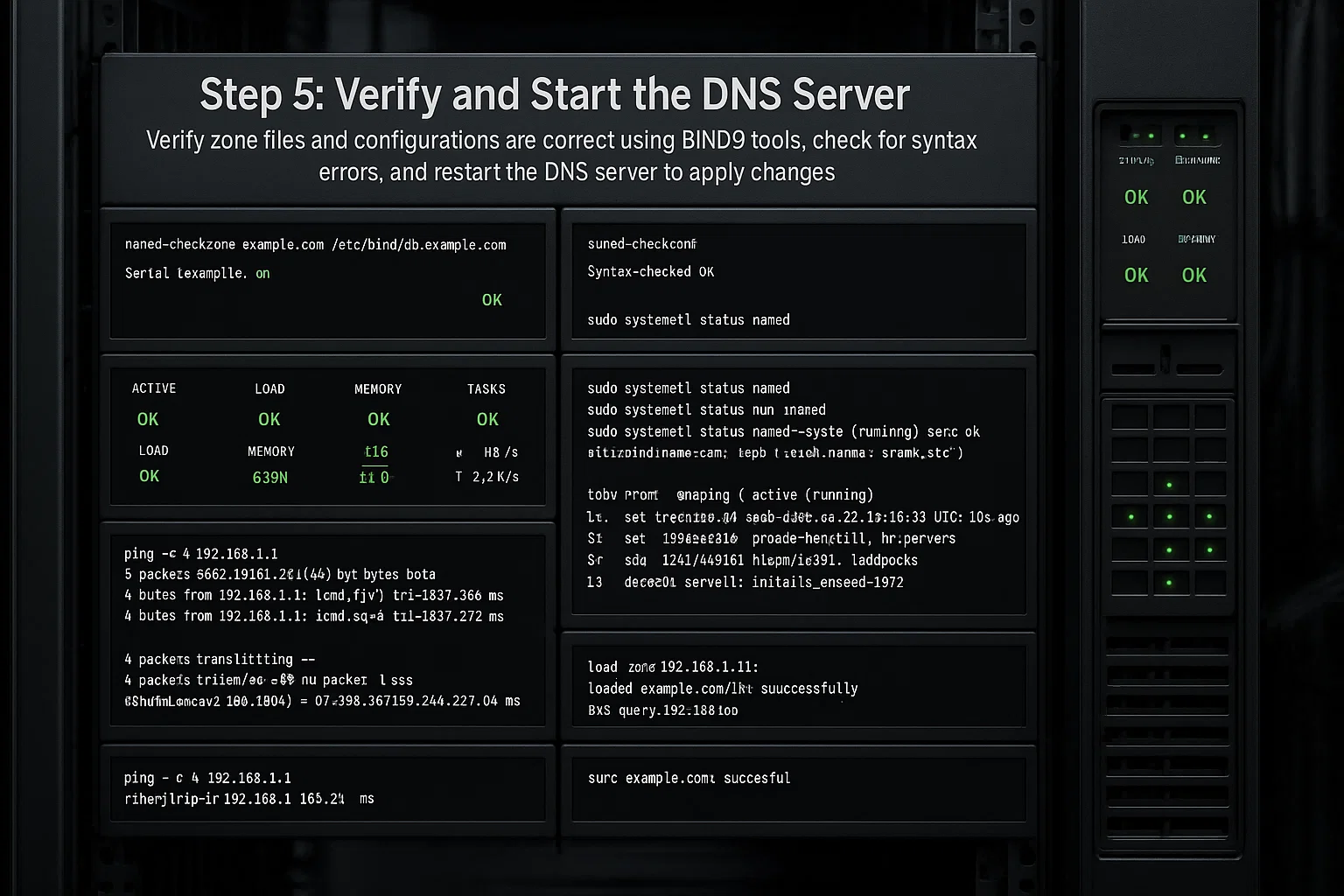 7 1 Multiple terminal windows showing DNS server verification with named-checkzone commands returning "OK" status, system monitoring displaying green "OK" indicators, and a server rack with green status lights.
