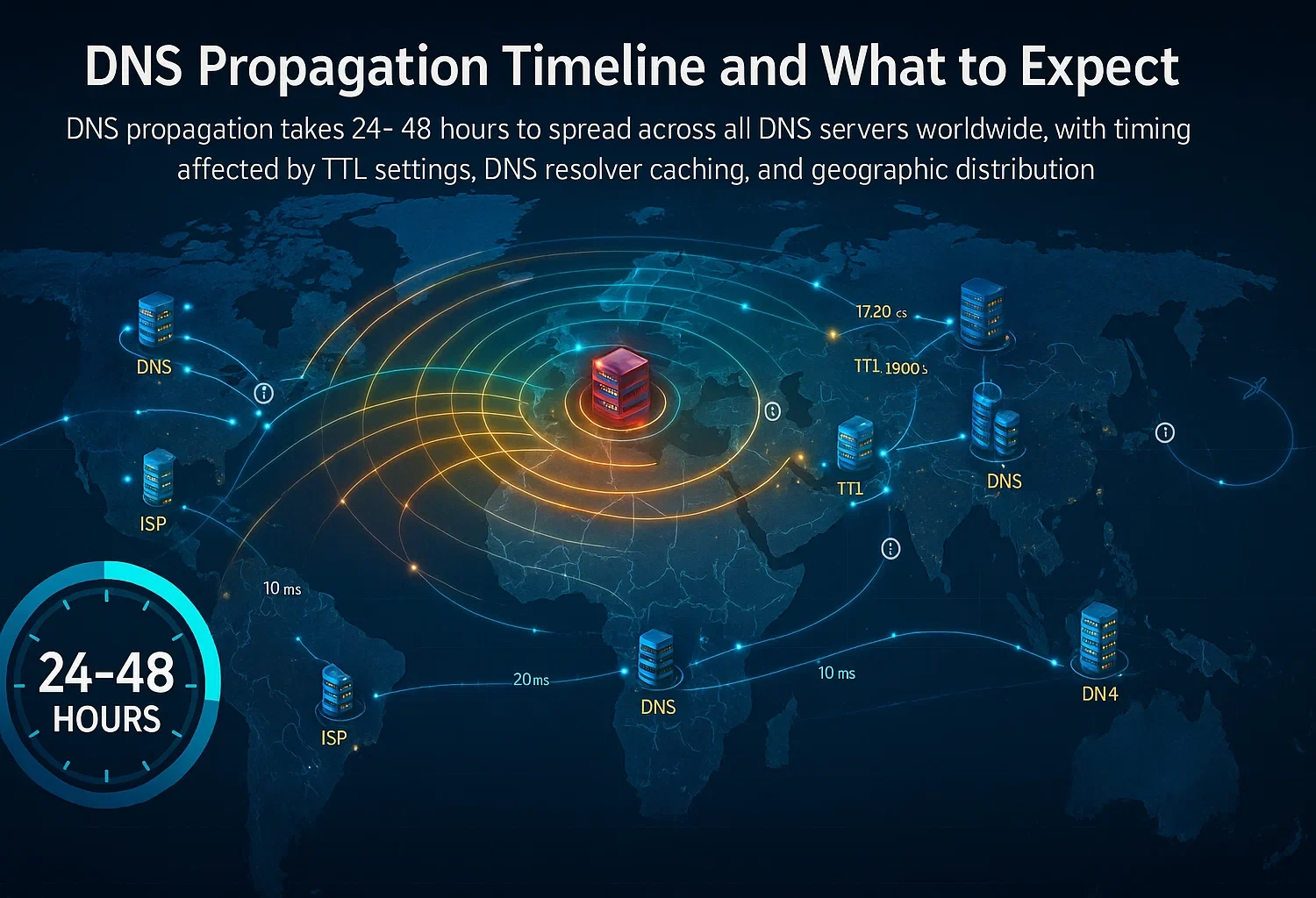 Global DNS propagation visualization showing central red server spreading DNS updates through concentric circles to blue DNS servers worldwide, with TTL values and latency measurements, plus 24-48 hour timeline indicator.
