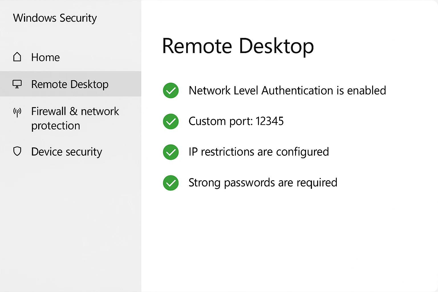 Windows security interface showing properly configured RDP settings with green checkmarks: Network Level Authentication enabled, custom port, IP restrictions, and strong passwords.