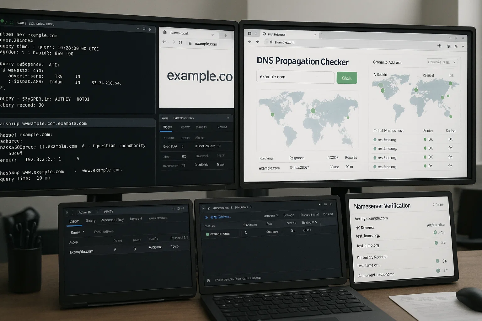 9 1 Multi-screen setup showing DNS testing tools, including a terminal with nslookup commands, a browser displaying the example.com website, a DNS propagation checker with a global map showing green status indicators, and a nameserver verification panel confirming successful configuration.