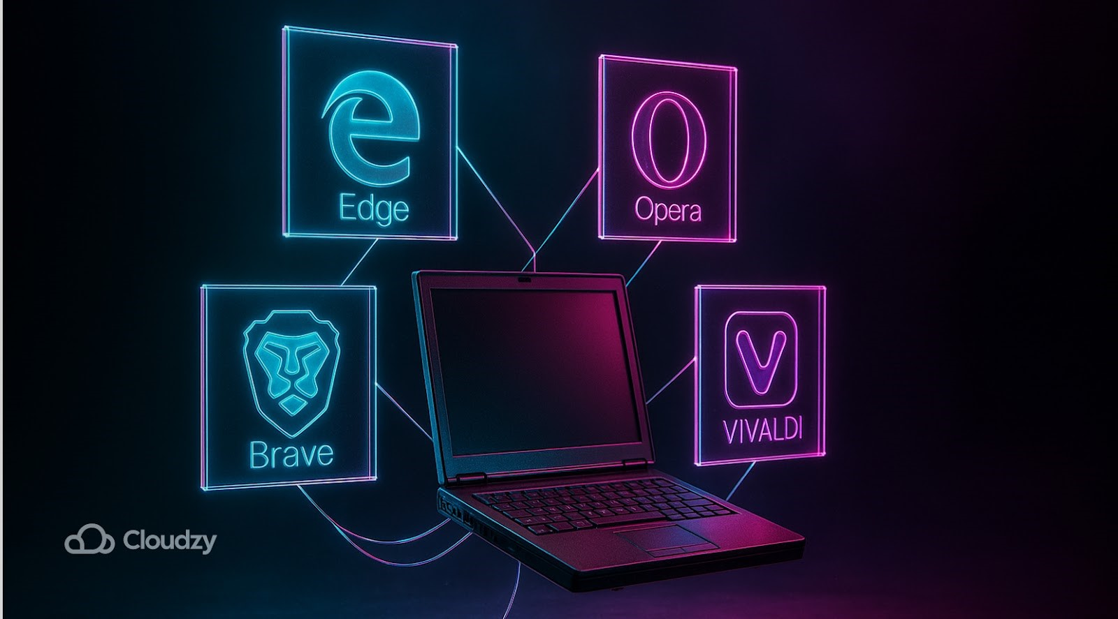  Vintage 2010 laptop levitates, tethered to four wafer-thin square panes (acting as ‘kites’ instead of balloons) engraved with Edge, Opera, Brave, Vivaldi logos; panes pulse cyan–magenta along micro-bevelled edges.
