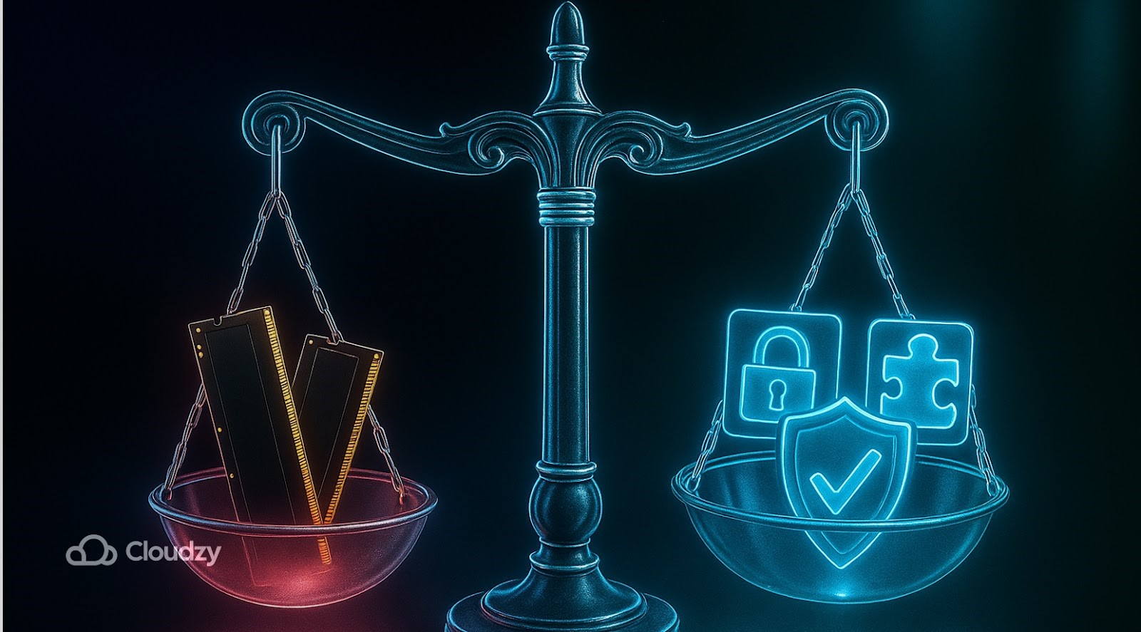 A victorian scale holding a couple of RAM sticks in its left bowl and three icons in the its right bowl, with a padlock icon for security, a puzzle piece icon for browser extension, and a shield with a checkmark icon for privacy. 