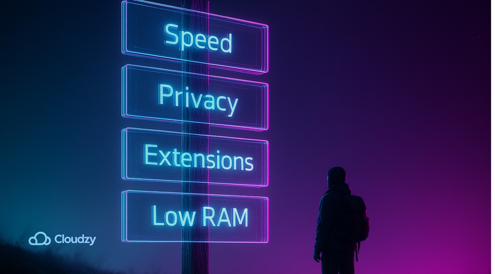 Hilltop dawn: oak post supports four wafer-thin rectangular direction boards engraved Speed, Privacy, Extensions, Low RAM; traveller pauses beneath neon-lit panes. 