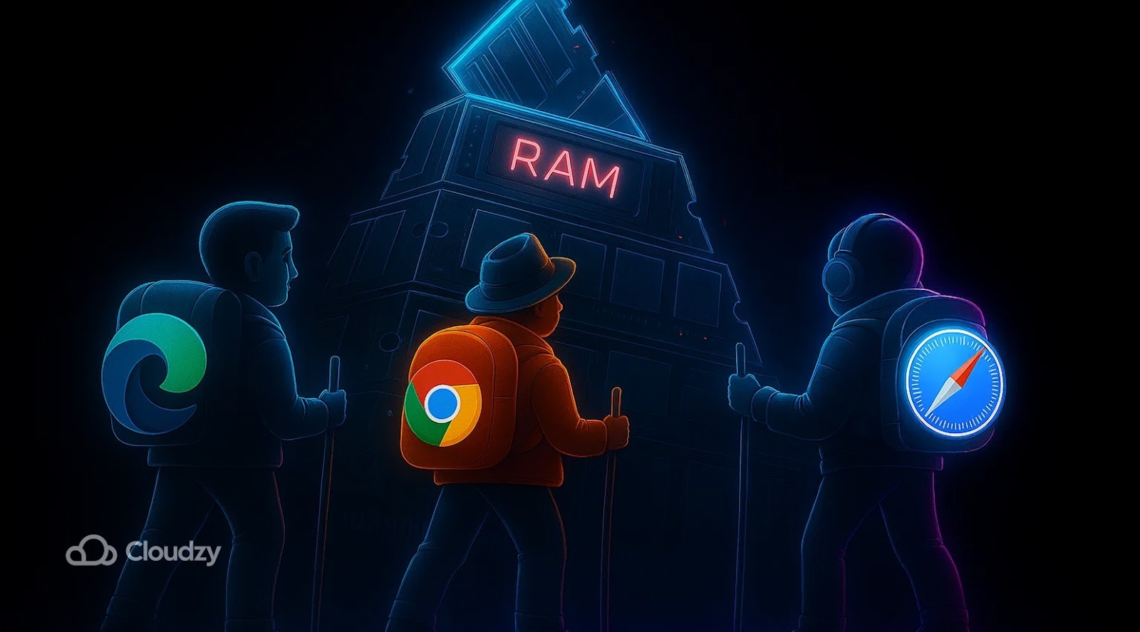 Three hikers approach a mountain of RAM sticks, each with a browser logo on their backpack (Google Chrome, Safar, Microsoft Edge), symbolising the “mountain of RAM” they consume. 