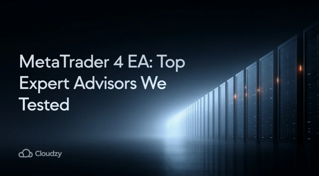 A secure server rack on the right, glowing with blue light, representing a powerful MetaTrader 4 EA processing financial data in a modern data center.