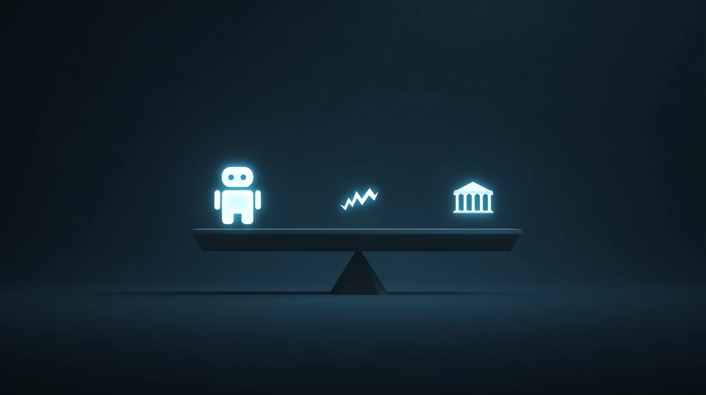 A balanced scale weighing a MetaTrader 4 EA against important factors like market conditions, broker choice, and risk.