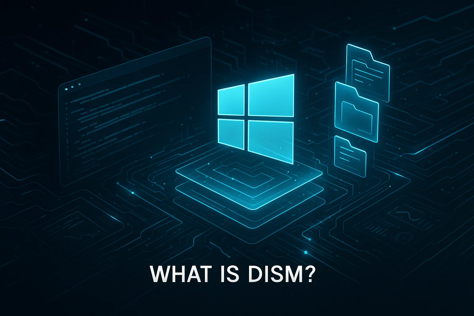 Digital illustration showing Windows logo with file icons and circuit patterns, introducing the "What is DISM?" concept