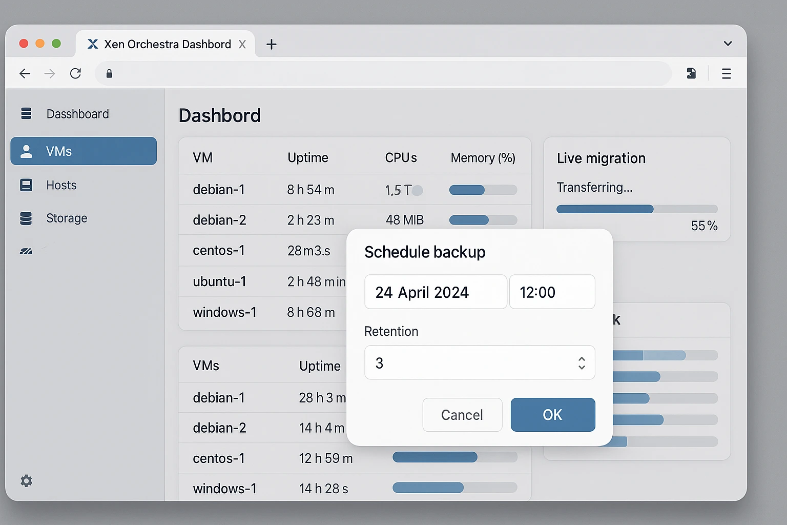 Proxmox Alternatives: Exploring the Best Options for Advanced Virtualization 10 XCP-ng Xen Orchestra web interface displaying VM management console with backup scheduling panel and live migration options