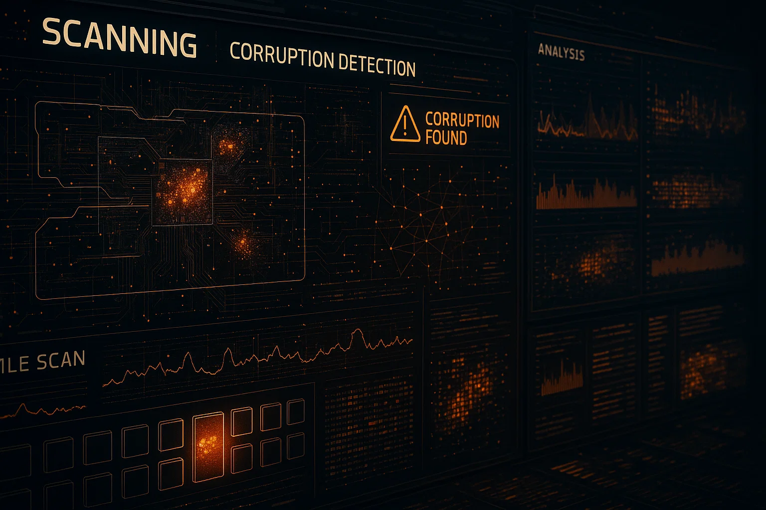 3 2 Digital system scan interface showing corruption detection process with orange warning alerts, data analysis charts, and highlighted corrupted files