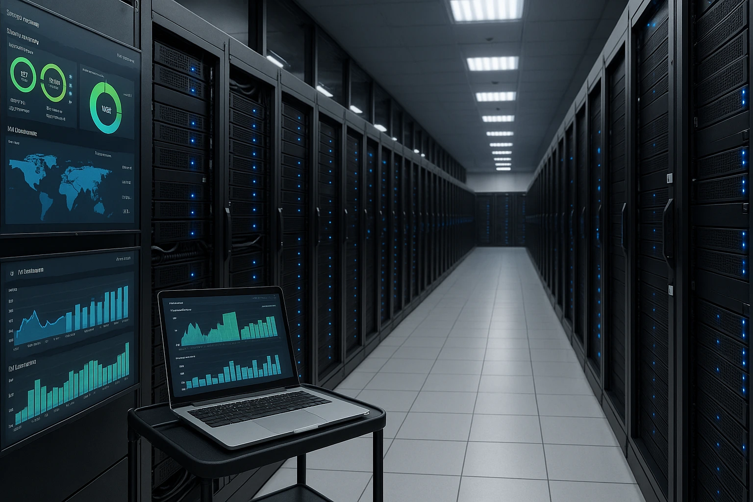 Proxmox Alternatives: Exploring the Best Options for Advanced Virtualization 11 Enterprise server room with rows of rack-mounted servers running VMware ESXi, showing monitoring screens with vCenter management console