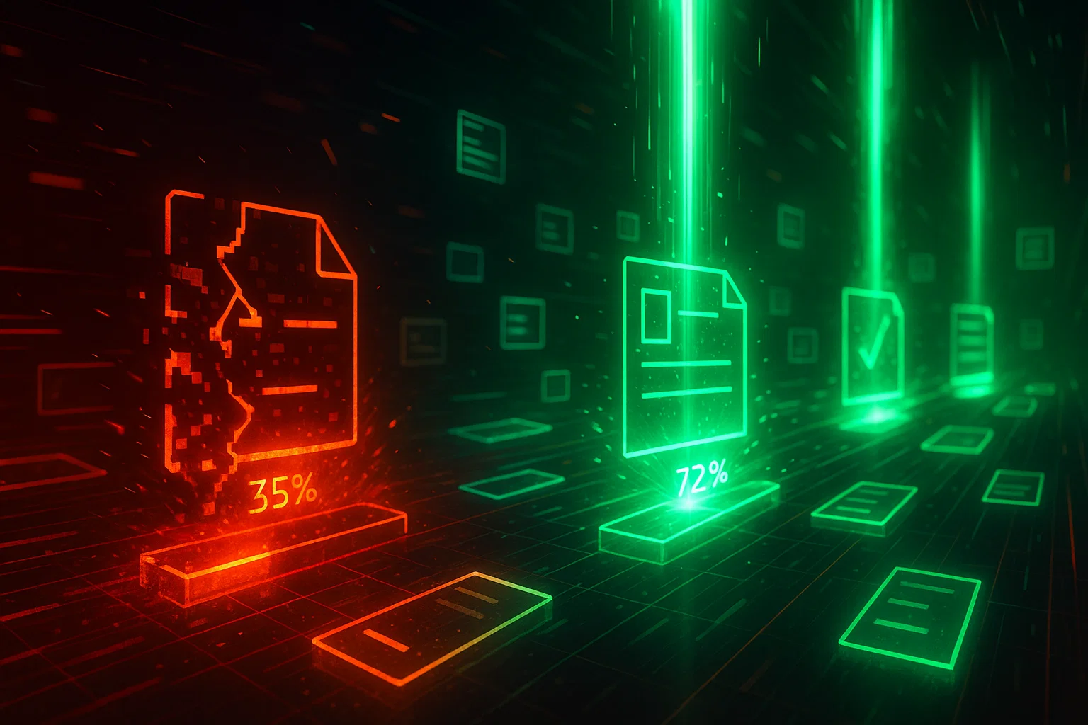 Digital file repair visualization showing corrupted red files at 35% being transformed into healthy green files at 72% completion