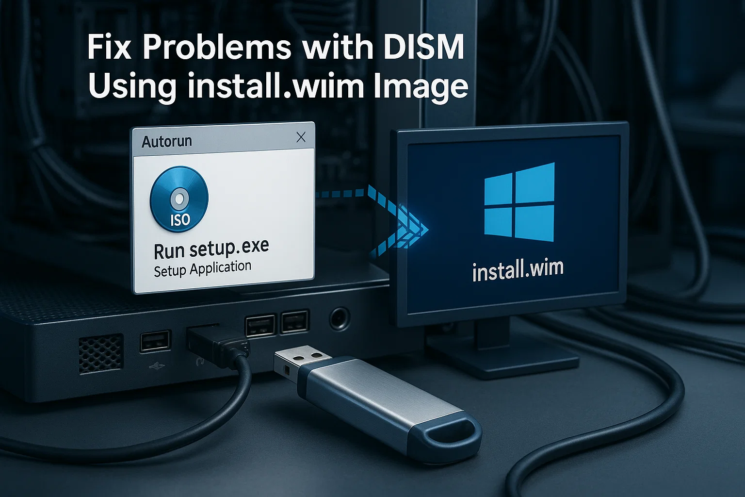 6 2 1 Computer setup showing USB drive and monitor with autorun dialog for ISO setup.exe, illustrating DISM repair using install.wim image