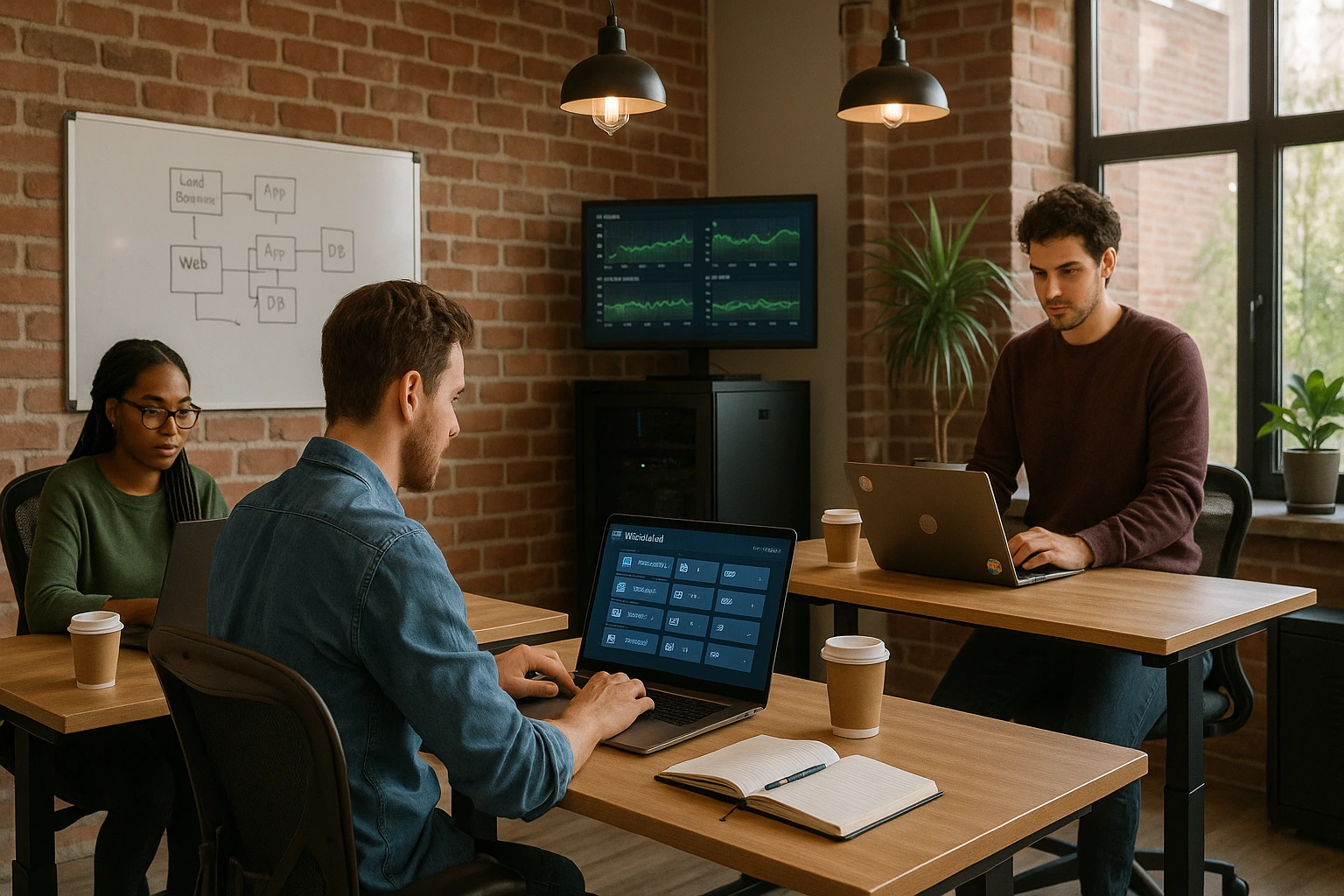 Proxmox Alternatives: Exploring the Best Options for Advanced Virtualization 14 Small startup office with three developers working on laptops, managing virtual infrastructure from a modern workspace