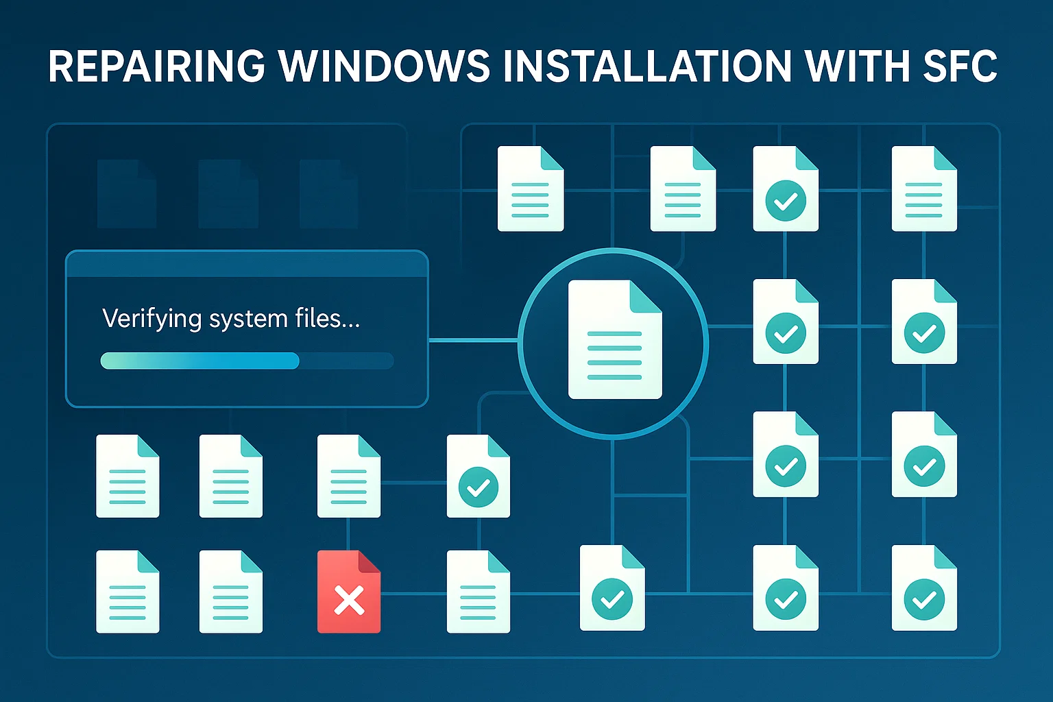 8 3 SFC system file verification process showing progress bar and file icons with checkmarks for verified files and a red X for corrupted files