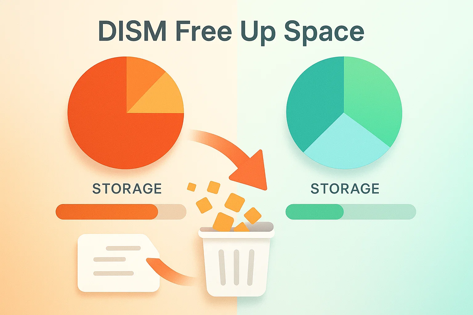 9 2 DISM storage cleanup illustration showing transformation from full orange storage to optimized green storage with trash bin removing unnecessary files