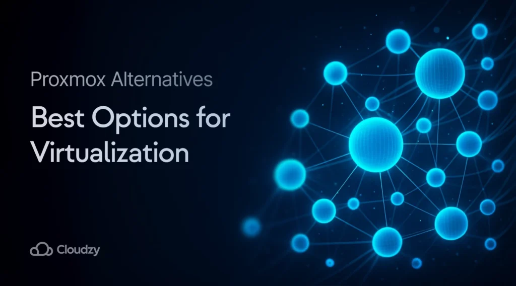 Abstract visualization of virtualization cluster architecture showing interconnected nodes representing Proxmox alternatives