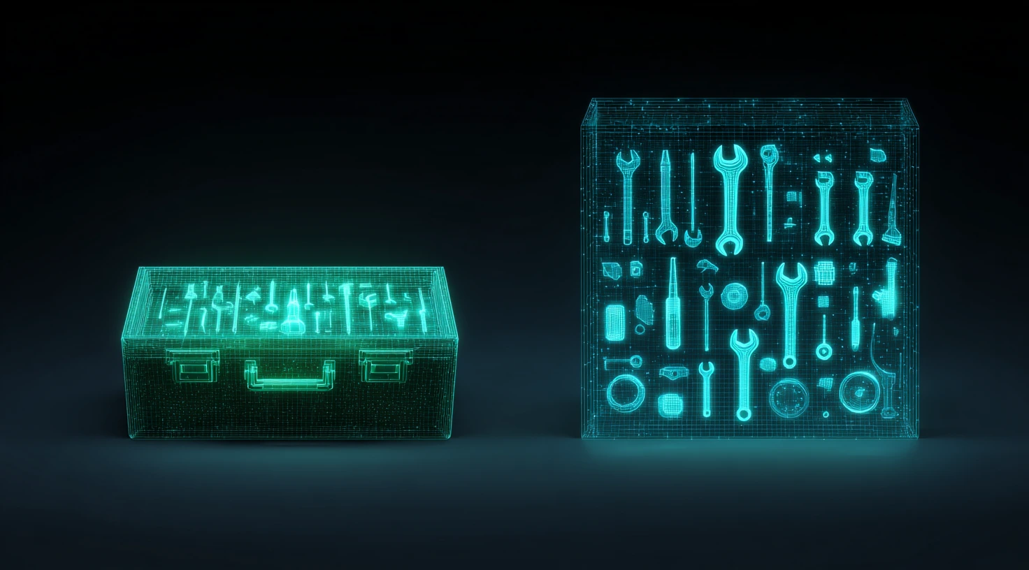 Two holographic toolboxes illustrating the difference in available features and tools when comparing MT4 vs MT5 for technical analysis.