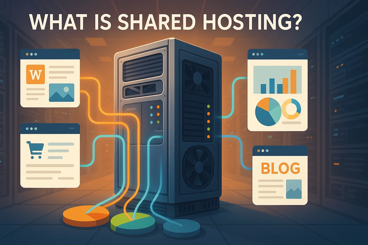 Illustration titled "What Is Shared Hosting?" showing a central server connected by colored lines to multiple website windows (blog, store, analytics) and shared resource pie charts.