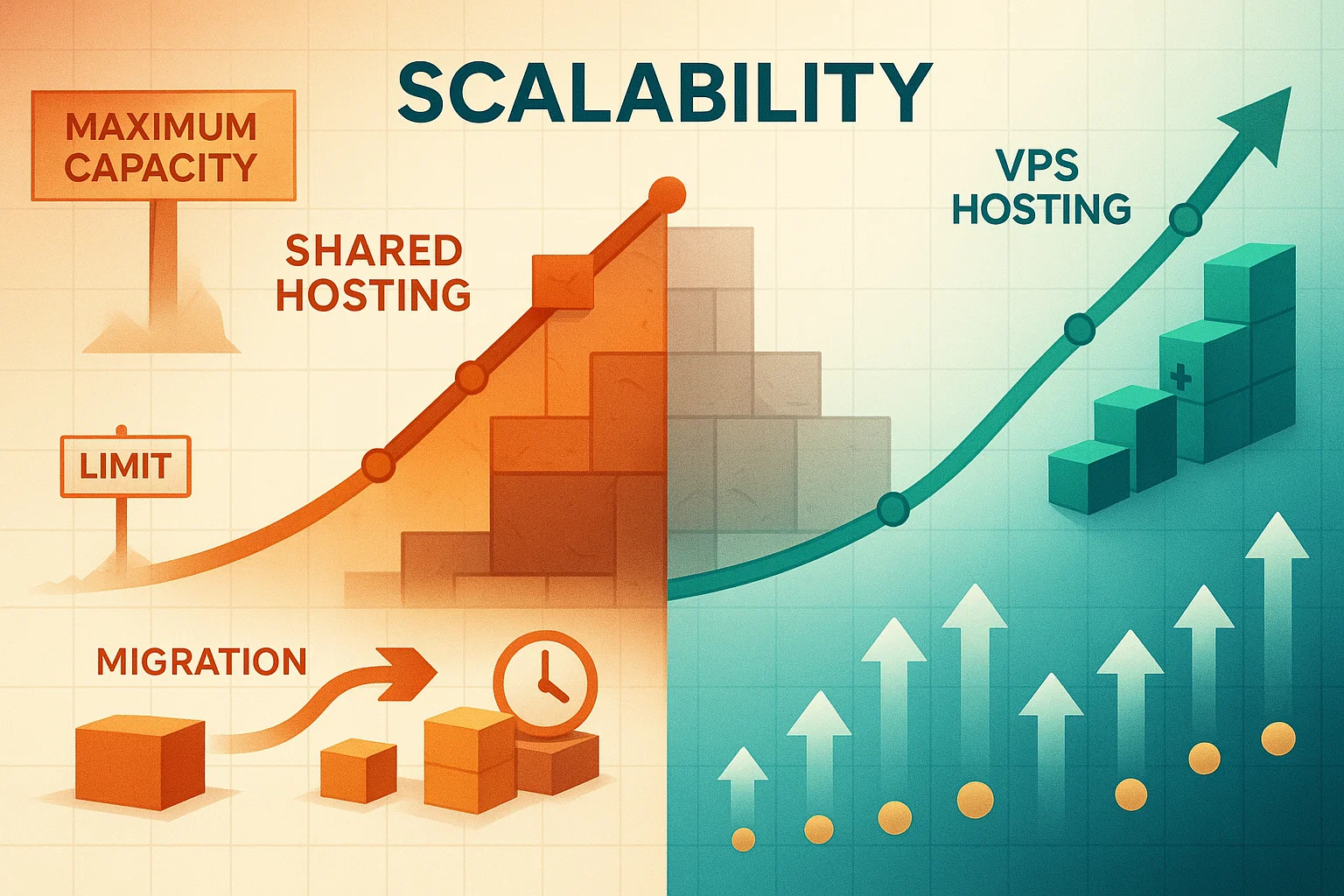 Illustration depicting scalability in web hosting: Shared hosting on the left hits a maximum capacity limit with migration needed, while VPS hosting on the right shows unlimited upward growth with stacking resources and arrows.