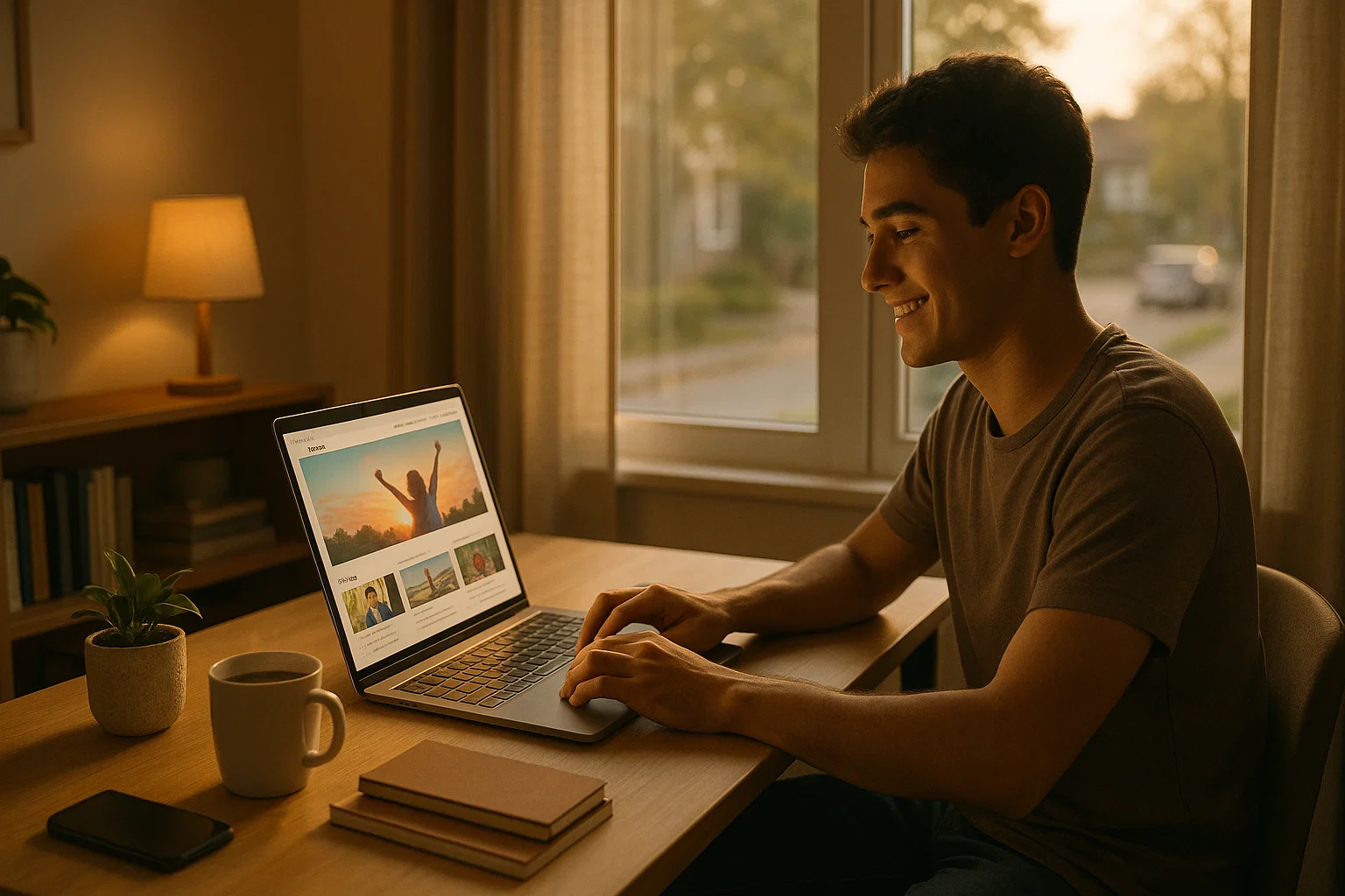 Young man smiling while typing on a laptop at a wooden desk in a cozy room at sunset, with a coffee mug, plant, and notebooks nearby.