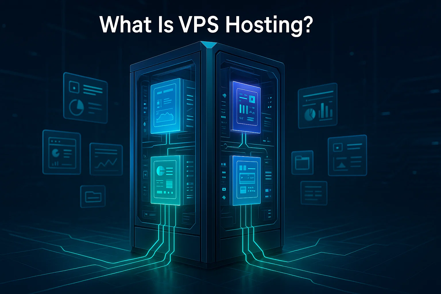 Illustration titled "What Is VPS Hosting?" showing a server rack with isolated virtual instances and glowing circuit connections, symbolizing virtualized, allocated resources.
