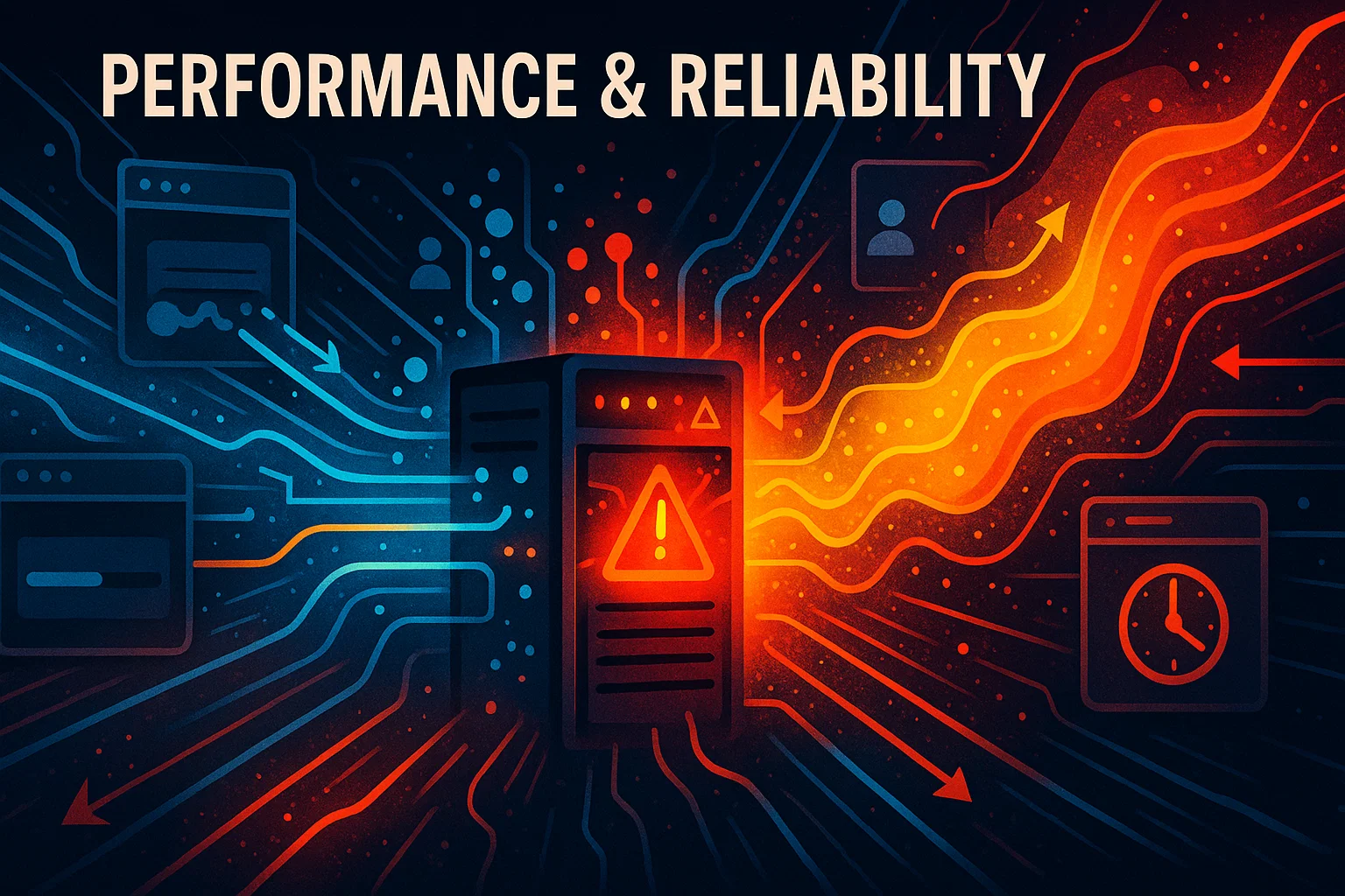 Illustration titled "Performance & Reliability" showing a server with a warning icon, blue stable data streams on one side and red/orange overloaded streams on the other, representing inconsistent performance and outages.