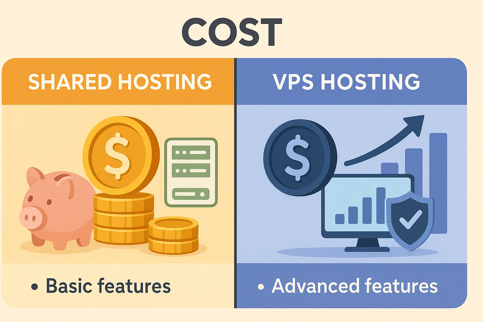Cost comparison graphic: shared hosting with piggy bank and coins labeled “basic features”; VPS hosting with growth chart, computer, and shield labeled “advanced features.”