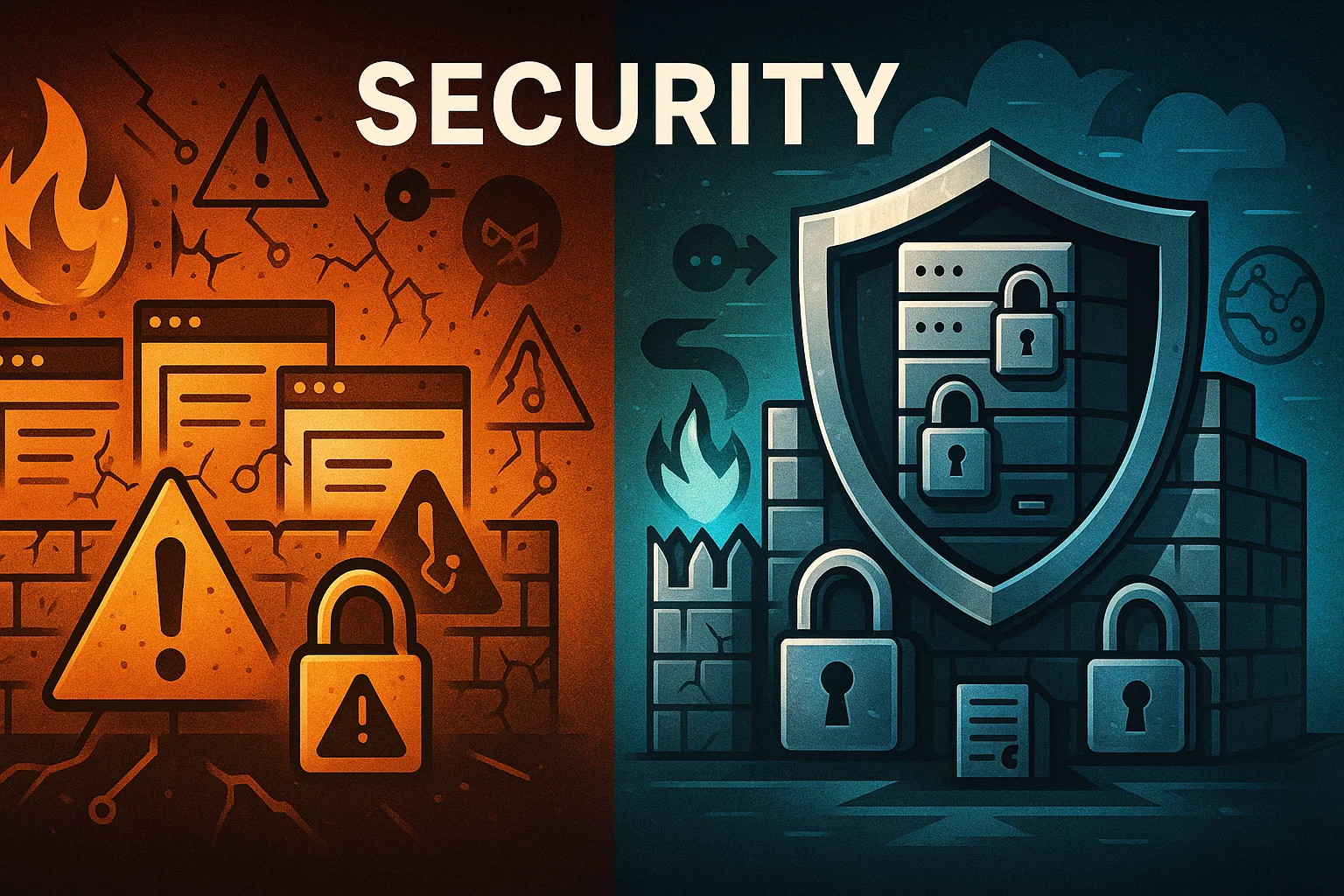 Split illustration titled "Security": left side in orange shows threats, warning signs, and a broken firewall; right side in blue shows a shield, locked servers, and a secure firewall.