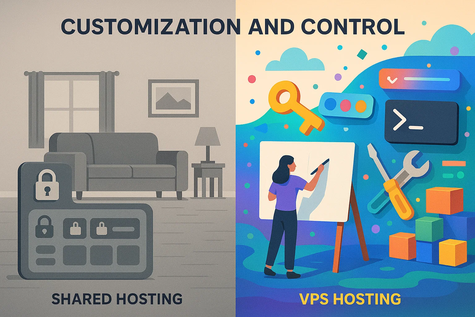 Split graphic titled "Customization and Control": left grayscale shared hosting shows a locked, limited interface; right colorful VPS hosting shows a person, tools, key, and terminal icons representing greater customization and control.