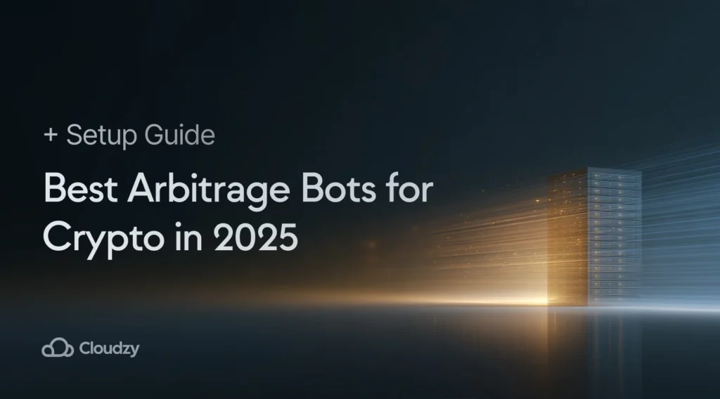 A secure server core on the right processing streams of financial data, symbolizing the technological power of the best arbitrage bot for crypto trading.