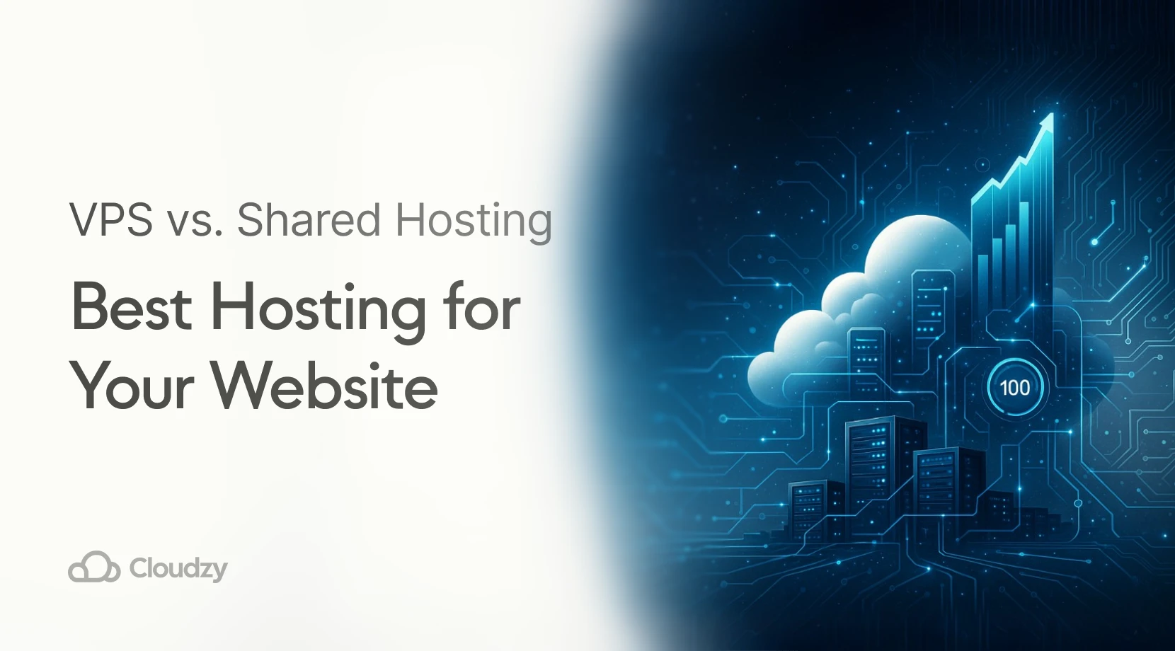 Graphic titled "VPS vs. Shared Hosting: Best Hosting for Your Website" showing a cloud and server illustration with a rising performance graph.