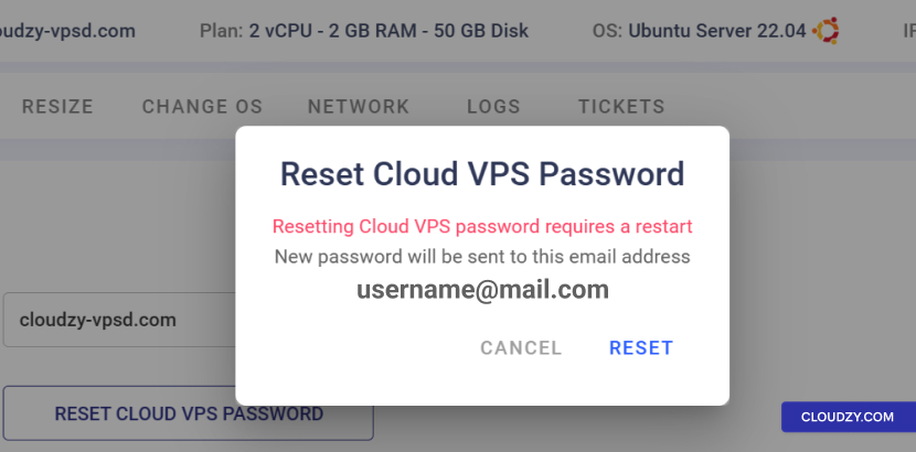 Reset cloud VPS password