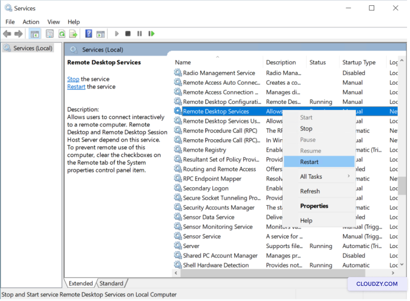 RDP service restart