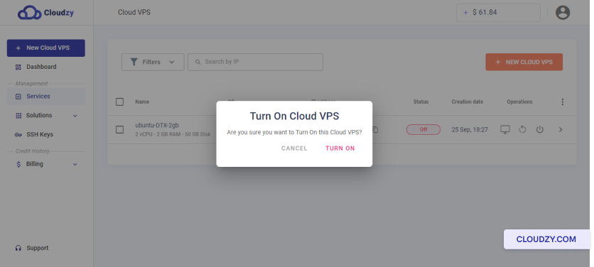 Turn on Cloud VPS