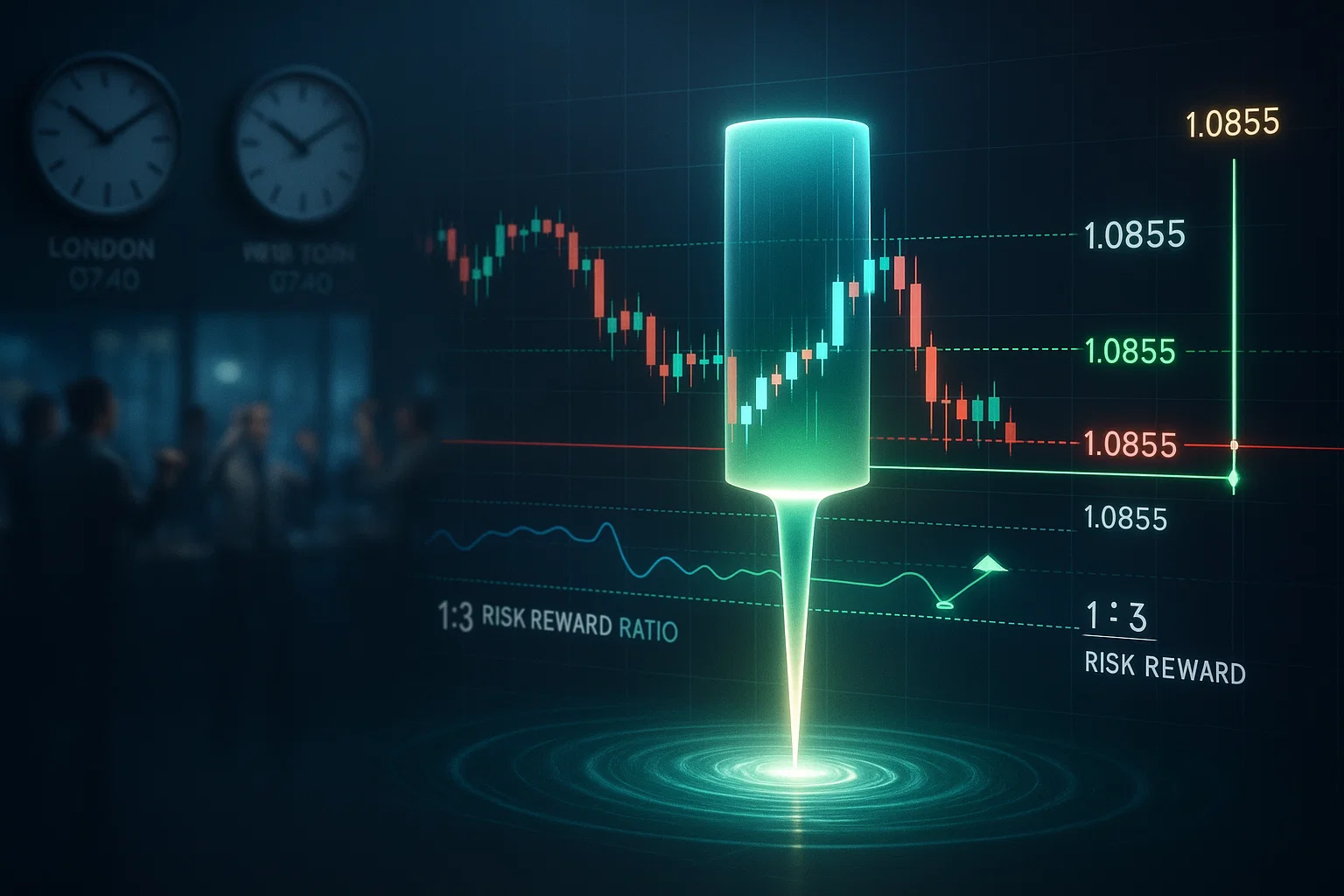 10 Trading setup at 1.0855 featuring a pin bar reversal showing a 1:3 risk-to-reward ratio during the London and New York sessions