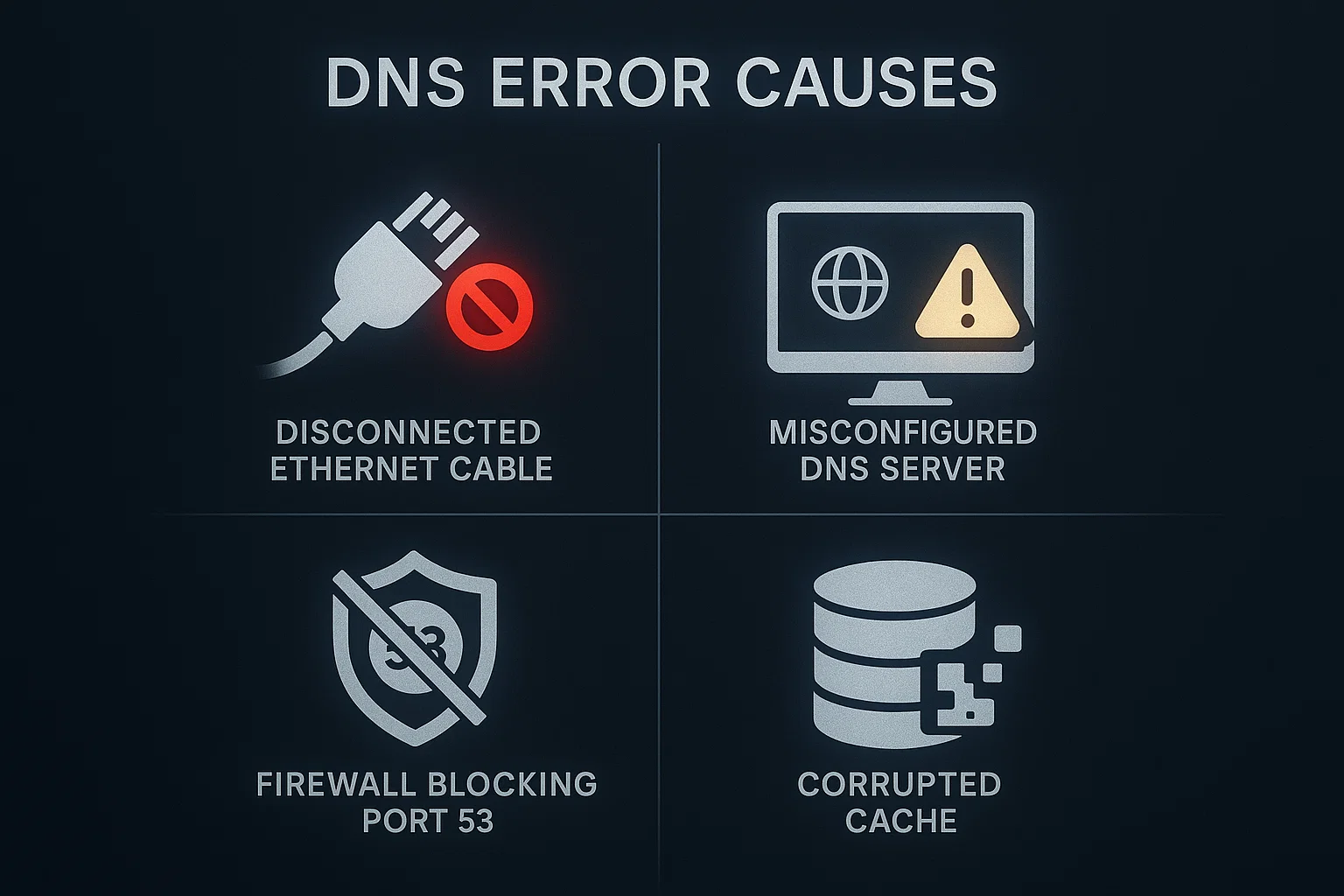 Four-panel diagram showing common DNS error causes: disconnected Ethernet cable, misconfigured DNS server, firewall blocking port 53, corrupted cache